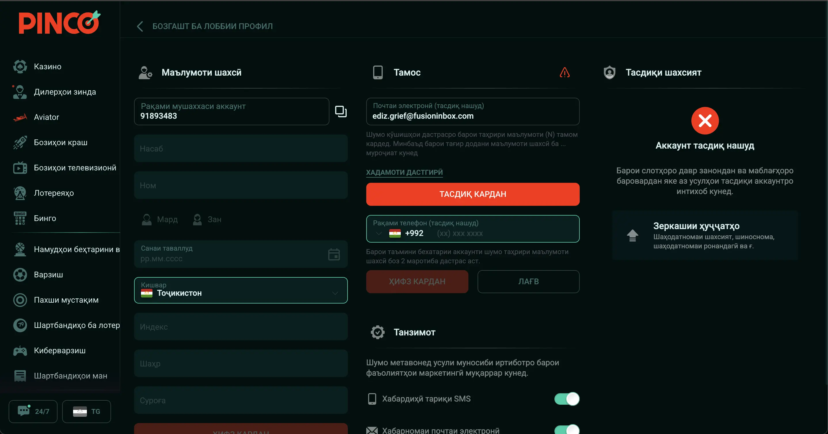 Раздел «Профиль» Pinco Casino с кнопкой «Пройти верификацию»